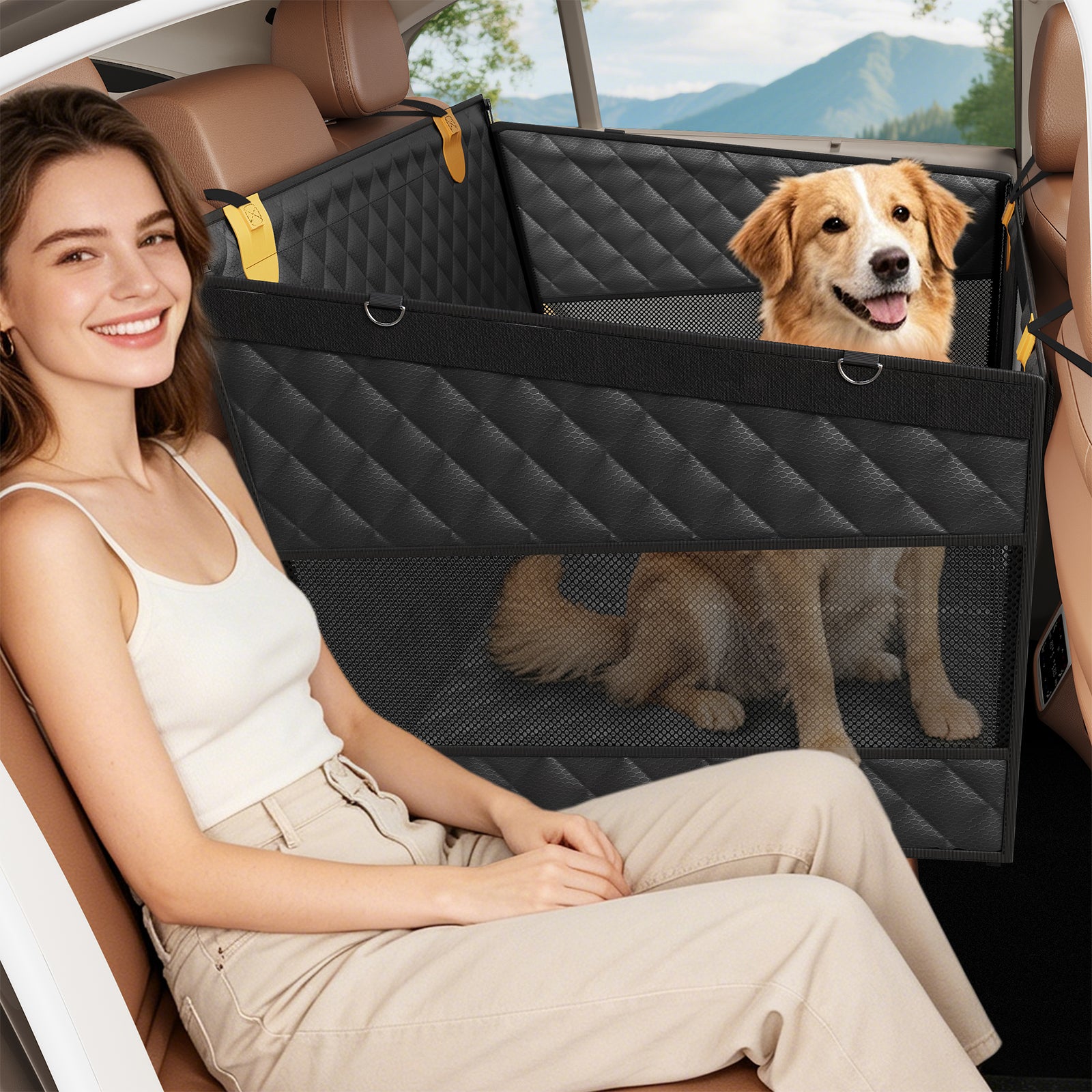 PETICON Large Dog Car Seat, Back Seat Extender for Dogs with 3 Mesh Windows, Waterproof Medium Carseat for Dogs with Hard Bottom, Pet Seat Cover for Cars, Trucks and SUVs