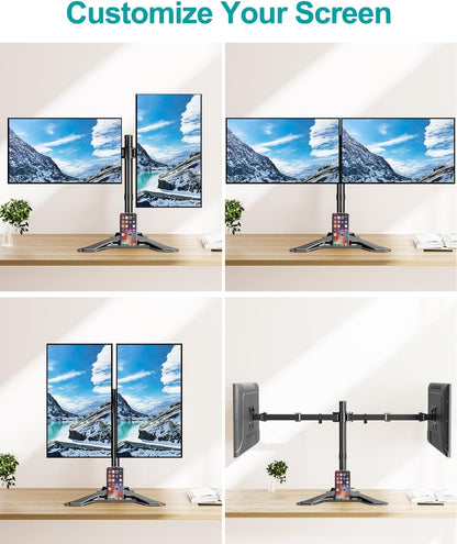 LIFTGO Dual Monitor Stand, Free-Standing Full Motion Monitor Desk Mount Fits 2 Screens up to 27 inches,17.6lbs with Height Adjustable, Swivel, Tilt, Rotation, VESA 75x75 100x100, Black