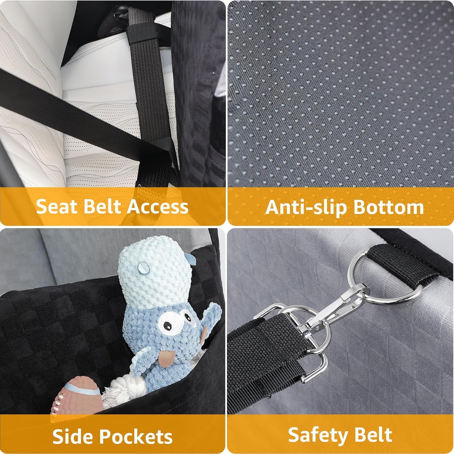 PETICON Waterproof Dog Car Seat for Small Medium Dogs, 5in Memory Foam Pet Booster Seat for Dogs up to 35 lbs with Pockets, Detachable Washable Pet Carseat with Y-Shape Safety Belt (Gray, Medium)