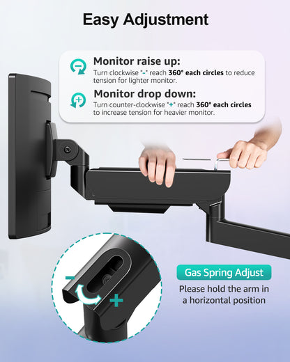 MOUNT PRO Wall Mount Monitor Arm for 22-57 Inch Ultrawide Screen, Black, Premium Heavy Duty Gaming Monitor Arm for Max 66 lbs, Easy Adjustment Fully Adjustable Wall Bracket 75x75/100x100 VESA Mount