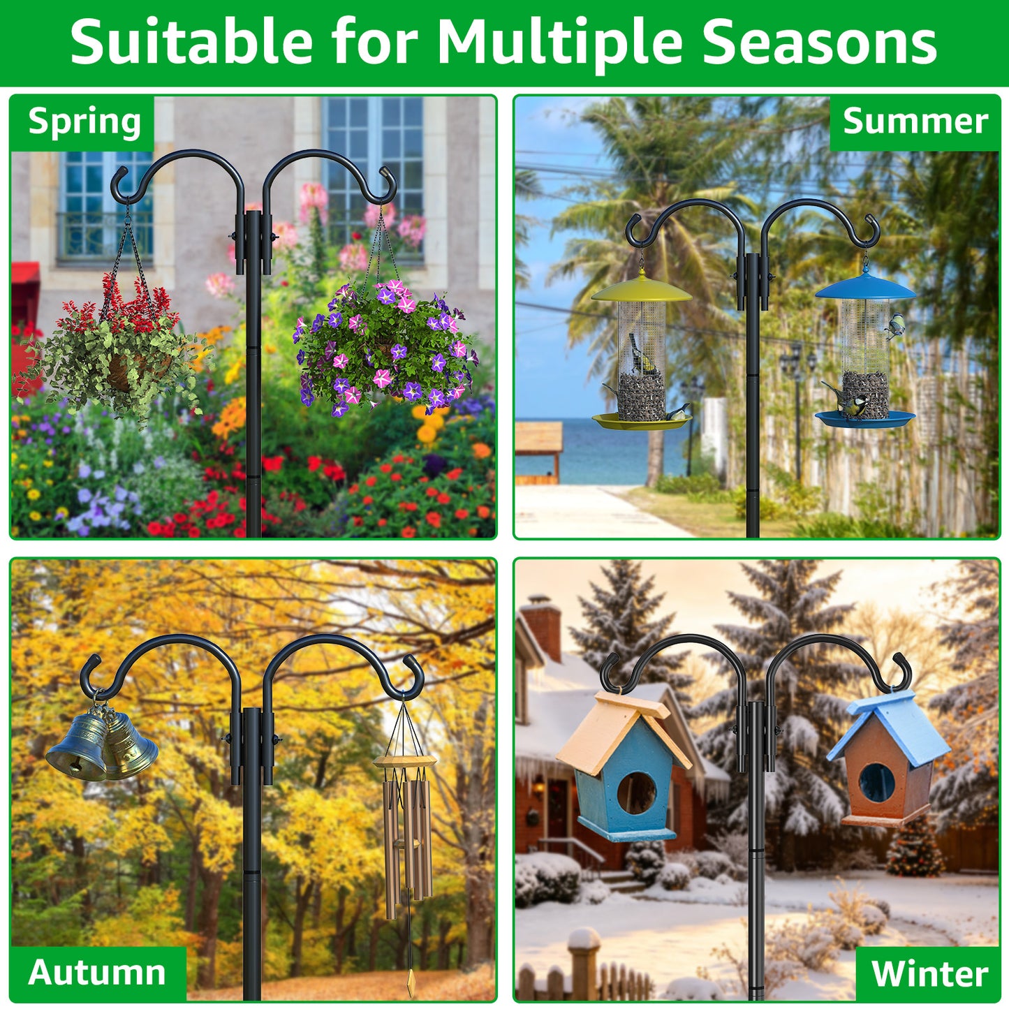 GOFORWILD Double Shepherds Hook for Outdoor, with 5-Prong Base, 84inch Adjustable Metal Bird Feeder Pole for Hanging Bird Nest, Plant Basket,Lantern,Solar Light 2 Pack