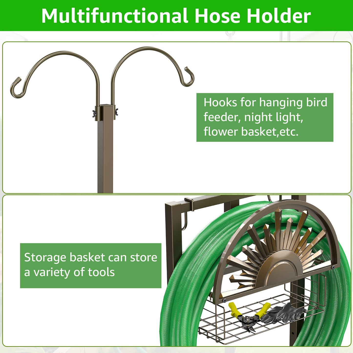 GOFORWILD Heavy Duty Garden Hose Reel with 2 Shepherds Hooks, Holds 150-Feet of 5/8 Inch Hose, 77Inch Freestanding Hose Hanger with Storage Basket