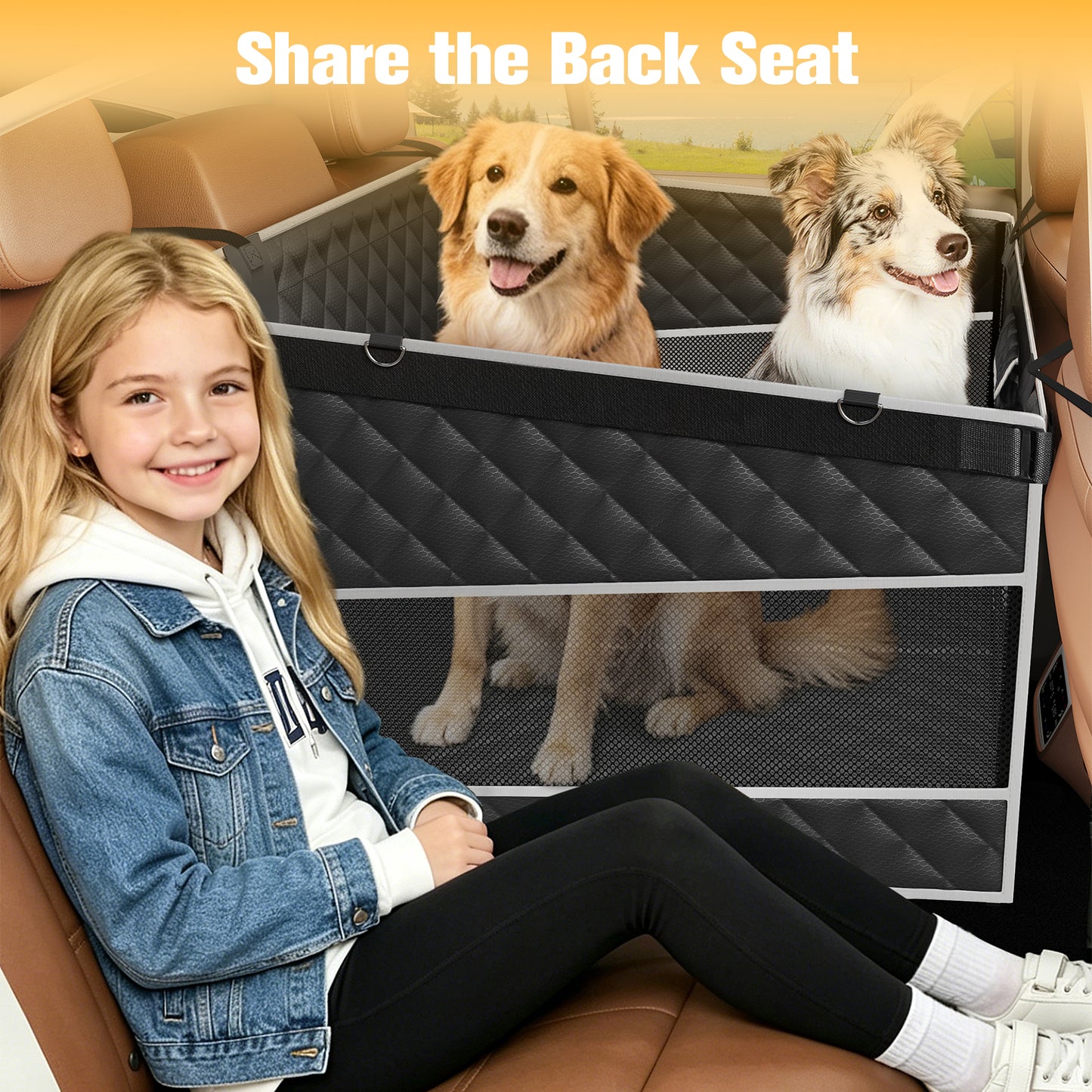 Dog Car Seat for Large/Medium Dogs, One-Piece Hard Bottom Back Seat Extender with 2 Mesh Windows, Waterproof Pet Carseat with Storage Pocket, Dog Hammock for Cars, SUVs and Trucks