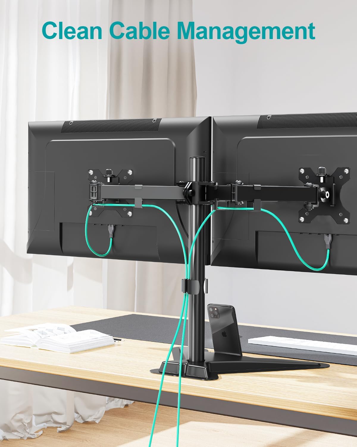 LIFTGO Dual Monitor Stand, Free-Standing Full Motion Monitor Desk Mount Fits 2 Screens up to 27 inches,17.6lbs with Height Adjustable, Swivel, Tilt, Rotation, VESA 75x75 100x100, Black