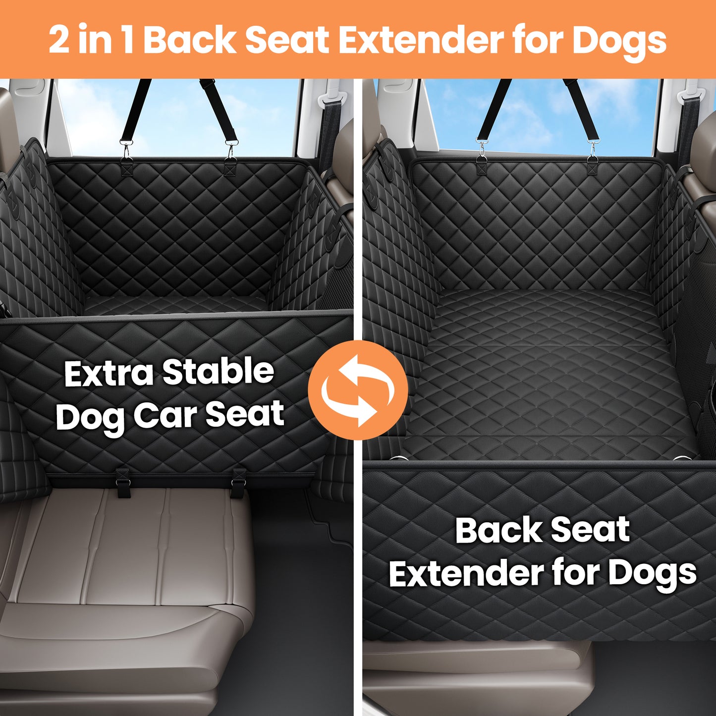 PETICON Back Seat Extender for Dogs, 3-in-1 Hard Bottom Dog Car Seat Cover Passenger Mode Dog Car Seat, 40% More Space, 3 Large Panels Support 500lbs, Waterproof Non-Slip Dog Hammock for Cars, SUVs