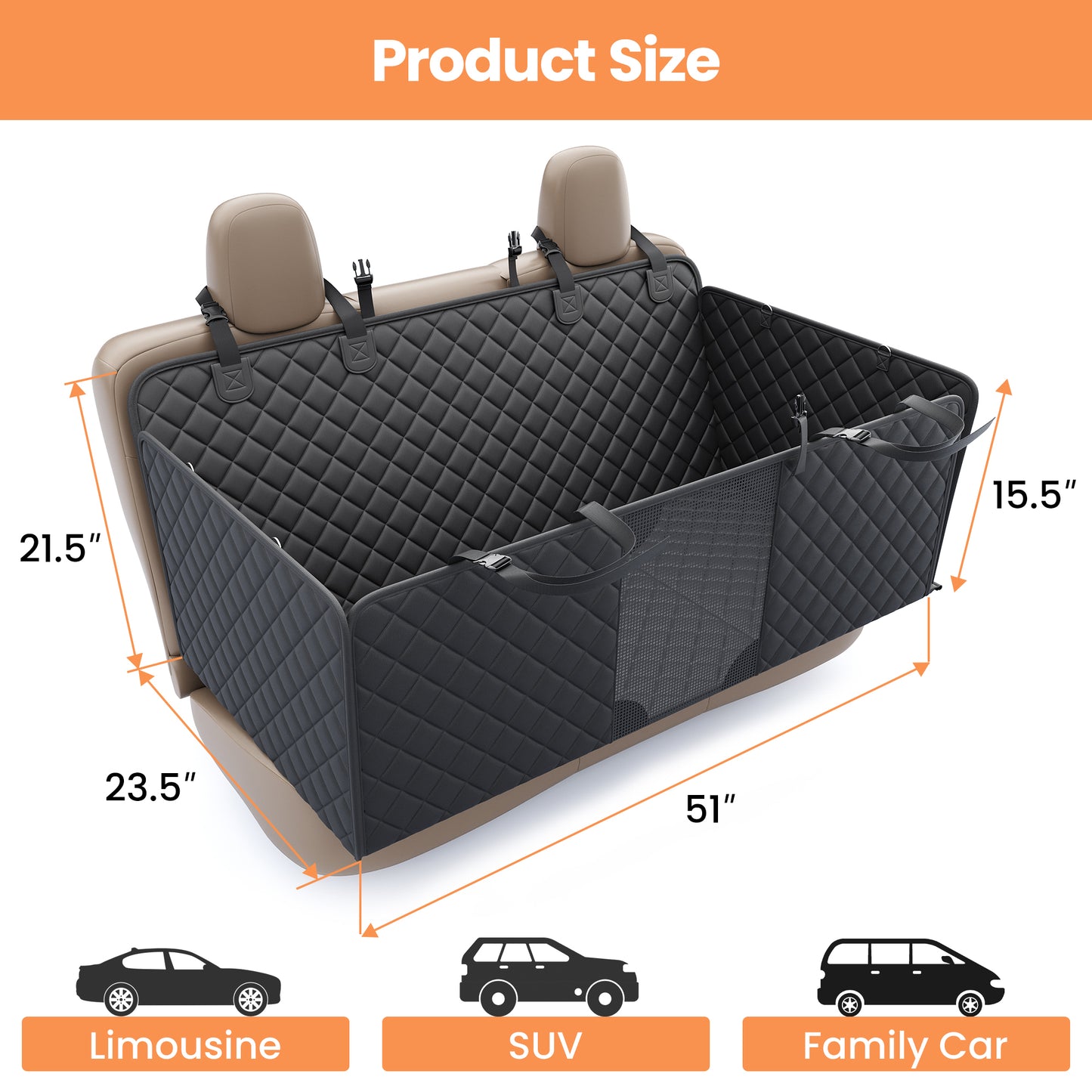 PETICON Back Seat Extender for Dogs, 3-in-1 Hard Bottom Dog Car Seat Cover Passenger Mode Dog Car Seat, 40% More Space, 3 Large Panels Support 500lbs, Waterproof Non-Slip Dog Hammock for Cars, SUVs
