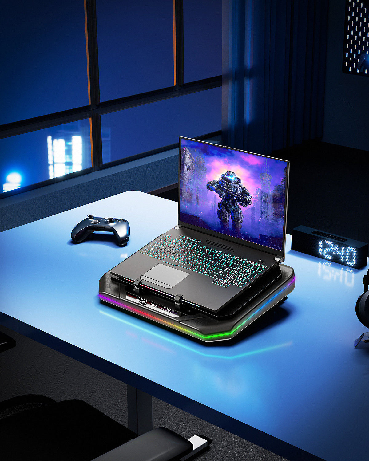 LIFTGO Gaming Laptop Cooling Pad, Height Adjustable Laptop Fan Cooling Pad for Max 19 Inches Notebook, RGB Laptop Cooler Stand with Powerful Turbofan (3500 RPM), Touch Control
